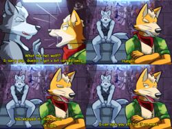 animated anthro bottomless canine clothed clothing cum cum_in_mouth cum_inside duo fox fox_mccloud fur grey_fur male male_only mammal nintendo orange_fur star_fox tailwag ventkazemaru video_games wolf wolf_o'donnell yaoi