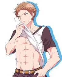 1boy abs brown_hair kugayama_yuuya looking_away male_only muscle nipples pecs shirt_lift solo sweat tagme