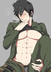 1boy abs black_hair blush cum cum_on_body facial muscle psycho-pass shinya_kougami shirt_lift sitting solo undressing wince yaoi