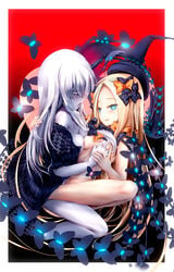 2girls abigail_williams_(fate/grand_order) bags_under_eyes bangs black_bow black_dress blonde_hair blue_eyes blush bow breast_grab breasts butterfly closed_mouth commentary_request dress eyebrows_visible_through_hair eyes_visible_through_hair fate/grand_order fate_(series) glowing grabbing hair_over_one_eye heart kimura_shuuichi lavinia_whateley_(fate/grand_order) licking_lips long_hair medium_breasts multiple_girls nipples nude open_mouth orange_bow pale_skin parted_bangs pink_eyes polka_dot polka_dot_bow red_background saliva saliva_trail smile tongue tongue_out tribadism very_long_hair white_hair yuri