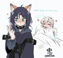 2girls ? an_sin animal_ears bed_sheet black_hair blush bug chou_kaguya-hime! collar commentary_request english_text forehead_jewel fox_ears green_eyes heart highres implied_after_fingering korean_commentary long_hair looking_at_hand medium_hair multiple_girls naked_sheet on_bed pillow pout pussy_juice pussy_juice_on_fingers runami_yachiyo sakayori_iroha silk simple_background spider spider_web under_covers when_you_see_it white_background white_hair yuri