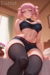 ai_generated bangs belly blue_eyes braids call_of_the_night crop_top crossed_legs high_heels medium_breasts nanakusa_nazuna pink_hair shorts sluthub stockings thick_thighs thighhighs thighs topwear