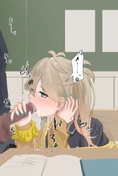 1boy absurdres black_shirt blue_eyes blue_nails blush brown_hair cardigan censored classroom collared_shirt commentary_request cum cum_in_mouth desk erection eru_aise eyes_visible_through_hair fellatio female fingernails hair_between_eyes handjob heart highres indoors kasukabe_tsumugi long_hair long_sleeves looking_at_penis male mosaic_censoring necktie open_cardigan open_clothes open_mouth oral penis school_desk shirt solo_focus straight translation_request upper_body voicevox yellow_cardigan yellow_necktie