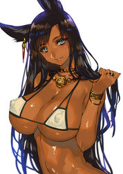 1girls animal_ears anubis bikini breasts brown_hair cleavage covered_nipples dark-skinned_female dark_skin earrings egyptian female female_only highres jewelry large_breasts long_hair looking_at_viewer mole mole_under_eye necklace ran'ou_(tamago_no_kimi) simple_background smile solo swimsuit very_long_hair white_background white_bikini yellow_eyes