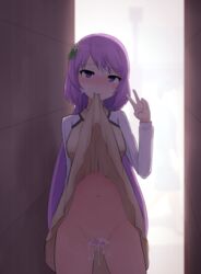 backlighting benben_tsukumo blush cum cum_in_pussy dress dress_lift facial female flower full-face_blush hair_flower hair_ornament head_tilt highres lavender_hair long_hair long_sleeves looking_at_viewer low_twintails mouth_hold navel pubic_hair purple_eyes pussy solo tied_hair touhou twintails v zakku_(kya--193)