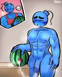 abs bara blue_skin blush food_fetish getgianni gianni_matragrano junuzis male_only melon muscular non-human_only object_head smileybomb sweat toony watermelon