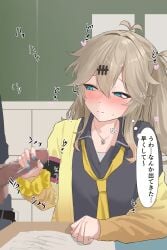 1boy absurdres armband black_shirt blue_eyes blue_nails blush brown_hair cardigan censored classroom collared_shirt commentary_request desk erection eru_aise female fingernails hair_between_eyes handjob heart highres indoors kasukabe_tsumugi long_bangs long_hair long_sleeves looking_at_penis male mosaic_censoring necktie open_cardigan open_clothes penis school_desk shirt solo_focus straight translation_request upper_body voicevox yellow_cardigan yellow_necktie