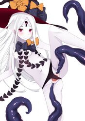 abigail_williams_(fate/grand_order) bangs black_bow black_hat black_panties blush bow breasts closed_mouth commentary_request eyebrows_visible_through_hair fate/grand_order fate_(series) female hat highres kiyomin long_hair navel nipples orange_bow pale_skin panties parted_bangs polka_dot polka_dot_bow purple_eyes pussy revealing_clothes simple_background small_breasts smile solo spread_pussy spread_pussy_under_clothes standing standing_on_one_leg topless underwear underwear_only very_long_hair white_background white_hair witch_hat