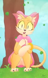 anthro big_hips bow cat_girl cream_fur cute feline female grass looking_at_viewer oc original_character outdoor pink_bow pink_clothing pink_dress rappywet self_insert sitting soft_shading solo sparkles tail_ring thick_thighs under_tree yellow_eyes yellow_fur
