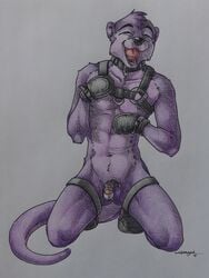 bdsm_gear bondage chastity chastity_cage chastity_device closed_eyes fur furry happy kneeling male male_chastity male_chastity_device male_only mammal mustelid nipples open_mouth otter penis petplay puppy_play_paws puppyplay purple_fur roleplay sinistervibe solo traditional_media_(artwork)