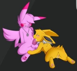 black_background eevee eeveelution interspecies jolteon nintendo pikachu pink_fur pokémon_(species) pokemon reimachu siqko video_games yellow_fur