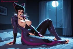 1girl ai_generated barefoot bed black_hair bodysuit breasts breasts_outside drill_hair fingerless_gloves full_moon gloves han_juri hi_res high_quality high_resolution juri_han kiraamane large_breasts long_hair looking_at_viewer moon night nipples on_bed patreon purple_eyes seductive sexy shiny sitting solo street_fighter thighs toeless_legwear toes twin_drills uncensored unzipped watermark