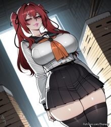 1girl ai_generated big_ass black_skirt black_thighhighs blush breasts bubble_butt comic comic_page curvy english_text highres huge_breasts indoors large_breasts lips lipstick long_hair long_sleeves looking_at_viewer makeup multiple_panels naruse_mio orange_neckerchief patreon phanary pleated_skirt red_eyes red_hair sailor_collar school_uniform serafuku shinmai_maou_no_testament shirt skirt smile solo speech_bubble thick thick_thighs thighhighs thighs twintails white_shirt zettai_ryouiki