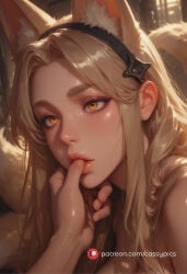 1girl 1girls ai_generated animal_ears beautiful big_breasts blush booty busty cassypics close-up curvy cute cute_face erotic fanart female finger_in_mouth fit fit_body fit_female fox fox_ears fox_girl fox_tail hairband high_quality high_school_dxd highres hot hourglass_figure kitsune large_breasts long_eyelashes looking_at_viewer naked navel nine_tailed_fox nude parted_lips patreon puffy_lips puffy_nipples round_ass round_breasts round_butt sexy slim_waist stomach thick thick_ass thick_legs thick_thighs waifu wet wet_body wide_hips yasaka_(high_school_dxd) yellow_eyes