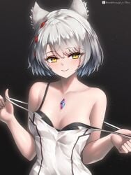 /// 1girls 2d 2d_(artwork) 2d_artwork animal_ear_fluff animal_ears average_breasts background black_background blush_face blush_lines blushing blushing_female blushing_lines breakthrough_rr breasts cleavage closed_mouth_smile clothes collarbone dark_background digital digital_art digital_drawing digital_drawing_(artwork) digital_media digital_media_(artwork) drawing dress elbows eye-level_view eyebrows_visible_through_hair female female_focus female_only fingers flushed flushed_cheeks flushed_face from_front front_view hair_between_eyes head_tilt lean_figure leg_out_of_frame legs_out_of_frame looking_at_viewer lower_body_out_of_frame medium_breasts mio_(xenoblade) monotone_background narrow_waist one_color_background outfit plain_background portrait short_hair shoulders slender_body slender_waist slim_female slim_waist smile smiley_face smiling smiling_at_viewer solid_color_background solo standing strap_lift strap_pull tilted_head top_view topwear upper_body white-haired_female white_clothes white_dress white_hair white_outfit white_topwear xenoblade_(series) yellow-eyed_female yellow_eyes