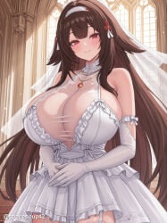 1girl ai_generated bare_shoulders blush breasts bridal_veil brown_hair church cleavage closed_mouth cowboy_shot dress elbow_gloves frilled_dress frills garter_straps gloves hair_intakes hair_ornament hairband huge_breasts indoors jewelry long_hair looking_at_viewer necklace own_hands_together red_eyes see-through see-through_cleavage smile solo thighhighs twitter_username veil very_long_hair wedding_dress white_dress white_gloves white_hairband white_thighhighs window ye_shunguang ye_shunguang(zenless_zone_zero) zenless_zone_zero