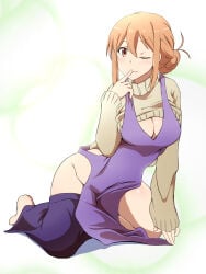 1girls 2021 apron barefoot big_breasts breasts brown_eyes cleavage clothing feet female female_only hair hair_bun hips hugimosi mature mature_female mature_woman milf mother my_teen_romantic_comedy_snafu on_knees one_eye_closed orange_hair pants pants_down purple_apron smile solo solo_female sweater tied_hair wink winking yuigahama_yui's_mother