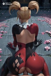 1boy 1boy1girl 1girls ai_generated all_fours anus artist_name ass back batman:_arkham_knight batman_(series) black_bodysuit blonde_hair bodysuit clothed_female_nude_male dc dc_comics doggystyle facing_away female flower from_behind harley_quinn harley_quinn_(classic) hetero hi_res injustice_2 multicolored_clothes nude patreon_username penis pov pussy r34arts red_bodysuit sex sex_from_behind short_twintails solo_focus torn_bodysuit torn_clothes twintails uncensored vaginal vaginal_penetration vaginal_sex