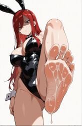 ai_generated bored bored_expression bunny_girl bunnysuit cum_on_feet elkazama_yumi erza_scarlet feet feet_focus femdom foot_fetish foot_focus