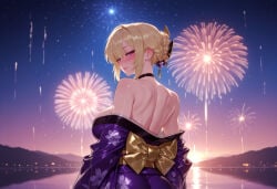 1girl 1girls aerial_fireworks ai_generated back back_bow balecxi bare_shoulders black_choker blonde_hair blue_kimono blush braid breasts choker clothing curvaceous curvaceous_female curvaceous_figure curvy curvy_figure evelyn_chevalier female female_focus fireworks floral_print from_behind hair_bun hair_ornament hoyoverse japanese_clothes kimono kimono_pull lake large_breasts looking_at_viewer looking_back median_furrow mihoyo mountainous_horizon night night_sky obi off_shoulder outdoors print_kimono purple_eyes purple_kimono reflection reflective_water robe sash shoulder_blades single_hair_bun sky solo star_(sky) starry_sky traditional_clothes upper_body voluptuous voluptuous_female wafuku water yellow_sash yukata zenless_zone_zero