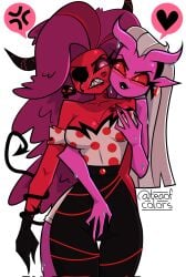 2024 artist_name bare_shoulders big_breasts black_bottomwear black_clothing black_lipstick black_pants black_sclera blush blush_lines bottomwear breast_grab breasts cheek_to_cheek clothed clothed_female clothed_humanoid clothing cross-popping_vein crotch_grab demon demon_humanoid duo empty_eye_socket eyewear female female/female glasses grope hair hand_on_breast heart_symbol hellaverse helluva_boss hi_res high_waisted_pants horn humanoid humanoid_on_humanoid humanoid_pointy_ears kiss_mark legs_together lipstick long_hair makeup martha_(helluva_boss) mrs._mayberry_(helluva_boss) not_furry off_shoulder pants pattern_clothing pattern_topwear pink_body pink_skin pointy_ears portrait purple_hair red_body red_eyes red_sclera red_skin simple_background small_waist spade_tail spots spotted_clothing spotted_topwear tail tail_around_arm teaofcolors text thigh_gap three-quarter_portrait topwear towel towel_only twitter_handle wearing_glasses wet white_background white_eyes white_hair wide_hips