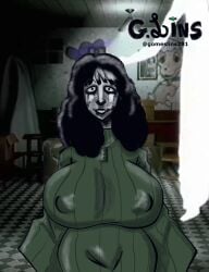 background_character big_breasts big_nipples black_hair black_lips bon_(the_walten_files) crazy_eyes crazy_female crazy_smile g.lins green_clothing looking_at_viewer makeup_running messy_hair messy_makeup nipples_visible_through_clothing pale-skinned_female pale_skin rosemary_walten ruined_makeup saggy_breasts sweater sweater_dress the_walten_files