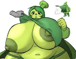 1other areola areolae belly big_belly chubby deltarune deltarune_chapter_5 green_(deltarune) green_body green_hair huge_breasts lifting_shirt nipples silkvv0dka tagme
