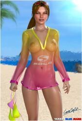 beach big_breasts bikini bikini_aside breasts busty female female_focus female_only hourglass_figure lara_croft lara_croft_(classic) no_bra no_panties outdoors outside see-through see-through_clothing standing tomb_raider tomb_raider_(survivor) wide_hips yankeebluejeans