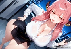 1girl ai_generated aru_(blue_archive) big_breasts blue_archive female huge_breasts mature_female office_clothing office_lady pink_hair revoaru thick_thighs thighs