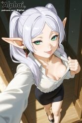 1girl 2025 2026 4k :p absurd_res absurdres ai ai-created ai-generated ai_art ai_assisted ai_created ai_generated alphai anime ass bangs bare_legs blue_sky blushing breasts breasts_out chest cinematic_lighting close-up clothing colorful_background depth_of_field detailed_hair detailed_skin detailled_background dramatic_shadows earrings elf elf_ears elf_female eyelashes eyeliner female female_face female_focus female_only flat_chest frieren frieren_(sousou_no_frieren) frieren_beyond_journey's_end green_eyes heels high_angle high_quality high_resolution highres jewelry legs long_hair naughty_face nintendo office_background office_lady particles patreon patreon_link patreon_url patreon_username perspective petite petite_breasts pointed_ears pulling_breasts raised_eyebrows seductive_eyes seductive_smile shirt short_stature skinny skirt slender small_breasts solo sousou_no_frieren standing sunny thin tongue_out twintails volumetric_lighting watermark white_hair