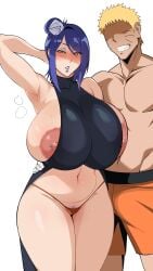1boy 1girls airi_akura areola_slip areolae big_breasts blonde_hair blush breasts curvy female female_pubic_hair grin hand_behind_head hi_res highres huge_breasts konan large_areolae large_breasts looking_at_viewer male micro_panties naruto_(series) naruto_shippuden navel nipple_piercing nipple_slip nipples panties piercing pubic_hair purple_hair simple_background smile thick thick_thighs thong uzumaki_naruto voluptuous white_background wide_hips