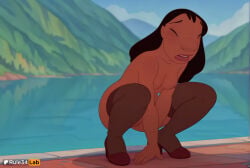 1girls ai_generated artist_name black_hair black_thighhighs blue_sky breasts brown_thighhighs closed_eyes dark-skinned_female dark_skin day disney female_human hi_res high_heels lilo_and_stitch long_hair medium_breasts mountain nani_pelekai nipples nude open_mouth outdoors pussy rule34lab sky small_breasts solo squatting teeth thighhighs uncensored water
