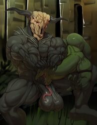 animal_genitalia anthro balls biceps big_balls big_biceps big_penis bondage bottomless capra_demon claws clothed clothing cum cum_in_mouth cum_inside detailed_background duo erection front_view hand_on_head hi_ers horn huge_cock humanoid_penis justmegabenewell kneeling lizard male male_only muscular muscular_male nipples nude oral oral_penetration pecs penetration penis precum red_eyes relaxing reptile scalie sex spread_legs spreading thick_penis topless unknown_species vein veiny_penis yellow_eyes