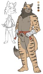 1boy anthro arm_wraps balls barefoot belt blush color_swatch embarrassed erection flat_colors full-length_portrait hyena jeck looking_at_viewer male male_only mammal mostly_nude nipples pecs penis plantigrade portrait pubes solo standing sweat sweatdrop wraps