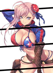 1girls absurdres american_flag american_flag_bikini american_flag_print bad_id bad_twitter_id belt bikini bow breasts bun_cover cleavage cowboy_shot elbow_gloves fate/grand_order fate_(series) flag_print flag_print_bikini gloves hair_bow hair_bun highres holster lace-up_gloves large_breasts long_hair looking_at_viewer meme miyamoto_musashi_(fate) miyamoto_musashi_(swimsuit_berserker)_(fate) miyamoto_musashi_(swimsuit_berserker)_(second_ascension)_(fate) nasaniliu optical_illusion pink_eyes pink_hair print_bikini shrug_(clothing) simple_background single_glove single_side_bun smile solo split_depth swimsuit thigh_holster white_background