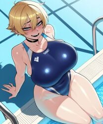 11_22 ai_generated big_breasts blonde_hair blue_eyes blush choker embarrassed female from_above genderswap_(mtf) half-closed_eyes heavy_breathing huge_breasts kris_(11_22) large_breasts looking_at_viewer motion_lines nervous_smile oc one_piece_swimsuit open_mouth original original_character pool poolside sitting smile sweat swimsuit thick_thighs tomboy wide_hips