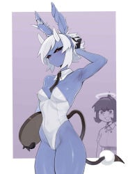 1girls blue_body blue_skin demon demon_girl devil_horns helltaker horns moon_(helltaker)