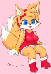 1girls amy_rose_(cosplay) anthro blue_eyes boots bracelet breast canine canine_humanoid dress female female_focus female_only fox furry gloves hairband hairbow hips large_breasts mangosour mobian_(species) panties rule_63 sega sitting sonic_(series) sonic_the_hedgehog_(series) tails tailsko thick_thighs thighs underwear upskirt