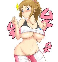 areola_slip areolae bare_shoulders bike_shorts blue_eyes blush breasts brown_hair censored collarbone curvy erect_nipples female gundam gundam_build_fighters gundam_build_fighters_try highres hoshino_fumina kisaragi_nana large_breasts mound_of_venus navel no_bra no_panties ponytail pubic_hair pubic_hair_peek pussy_peek shirt shirt_lift shorts simple_background solo standing sweatdrop tied_hair underboob white_background