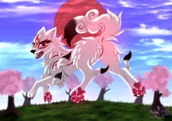 1girls amaterasu amaterasu_(okami) anus astralia canid canine canis capcom cherry_blossom cloud deity ears eyelashes fangs female feral flower fur furry genitals goddess grass hi_res humanoid_genitalia humanoid_genitalia_on_feral humanoid_vulva humanoid_vulva_on_feral japanese_mythology mammal markings okami okami_(capcom) open_mouth pawpads paws plant prunus_(flower) red_accents red_eyes red_markings sky solo sun tail teeth vulva white_body white_fur wolf wolf_girl