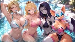 2d 2d_(artwork) 4girls 4k ai ai_generated anthro bat bat_girl bat_wings bikini blonde blonde_female blonde_hair blue_eyes breasts breasts_bigger_than_head crossover crown dark_hair dc dc_comics emma_frost emma_frost_(marvel_rivals) eyeshadow female female_focus female_only furry furry_female goth goth_girl gothic gothic_girl green_eyes heart heart_symbol high_resolution highres hood hood_up huge_breasts human human_female large_breasts light-skinned_female light_skin lipstick looking_at_viewer mario_(series) marvel marvel_rivals mommy mommy_milkers nintendo nipples nipples_visible_through_clothing pale-skinned_female pale_skin pool pose posing posing_for_picture posing_for_the_viewer princess princess_peach purple_eyes raven_(dc) revealing revealing_clothes rouge_the_bat royal royalty sega sonic_(series) sonic_the_hedgehog_(series) super_mario_bros. swimming_pool swimsuit teen_titans wallpaper