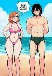 1boy 1girl arms_behind_back ass_visible_through_thighs barefoot beach bikini black_hair black_male_swimwear blue_sky blush breasts brother_and_sister bulge cleavage clothing cloud day embarrassed english_text erection erection_under_clothes female full_body green_eyes hands_on_own_hips hetero large_breasts lie_ren male male_swimwear medium_breasts multicolored_hair navel nora_valkyrie ocean orange_hair outdoors pink_bikini precum rwby sand short_hair side-tie_bikini_bottom sky speech_bubble swim_briefs swim_trunks swimsuit trembling tsundere twitching_penis water wide_hips