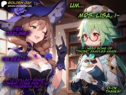 ai_generated big_breasts blonde_hair blush cleavage comic english_text genshin_impact glasses gloves green_eyes green_hair hat lisa_(genshin_impact) long_hair parody red_hair short_hair small_breasts sucrose_(genshin_impact) text