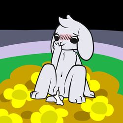 anthro asriel_dreemurr blush caprine cum cum_in_pussy cum_inside cum_leaking cuntboy female_asriel flower goat intersex leaking mammal navel piebunny plant pussy rule_63 sitting solo undertale video_games