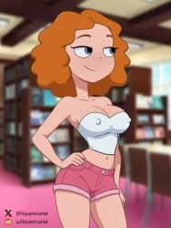 1girl 1girls artist_name big_breasts blue_eyes breasts curly_hair disney disney_channel disney_xd female female_focus female_only hand_on_hip hi_res high_resolution highres large_breasts liquorcurse looking_away medium_breasts melissa_chase milo_murphy's_law navel nipple_bulge orange_hair pink_shorts red_hair redhead redhead_female short_hair solo solo_female solo_focus white_shirt