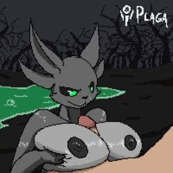 animated big_breasts bouncy breasts color demon female foggy furry lagomorph mammal original original_character paizuri pestilence_(personification) pixel_art plaga rabbit sex smile swamp sweat toxic wasteland