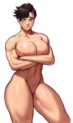 1girls absurd_res arms_crossed big_breasts blue_eyes breasts brown_hair brunette commission crossed_arms female fit hi_res looking_at_viewer muscular muscular_female original original_character short_hair smiling_at_viewer solo sotcho spanks_(clothing) standing strong thick_thighs very_high_resolution white_background