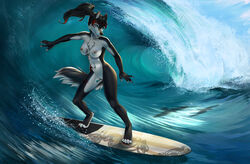 4_toes 5_fingers alsaresnolynx anthro black_hair black_nose blue_eyes breasts canine canine digitigrade female hair mammal nastywolf613 navel nipples nude pussy smile solo standing toes water wide_hips wolf