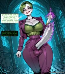 1girl ai_generated aura batman:_arkham_asylum batman:_arkham_knight batman_(series) big_ass blush breasts bubble_butt cleavage comic comic_page curvy dc dc_comics dcu dr._harleen_quinzel dutch_angle english_text erection futa futa_focus futa_on_female futa_with_female futadom futanari green_eyes green_hair grin harley_quinn harley_quinn_(series) highres huge_breasts huge_penis indoors jacket joker large_breasts looking_at_viewer multiple_panels pale_skin pants penis penis_out phanary rule_63 short_hair smile solo speech_bubble testicles thick translation_request uncensored warner_brothers white_skin