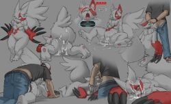 absurd_res anthro anthro_penetrated belt bodily_fluids bottomwear breasts claws clothing colored cum cum_in_ass cum_in_mouth cum_in_vagina cum_inside cum_string deep_throat denim denim_bottomwear denim_clothing doggystyle duo eye_roll featureless_breasts fellatio female female_anthro female_penetrated fluffy fluffy_tail footwear from_behind_position fur generation_3_pokemon genital_fluids genitals hi_res human human_on_anthro human_penetrating human_penetrating_anthro humanoid interspecies jeans leaking_cum long_claws male male/female male_human male_penetrating male_penetrating_anthro male_penetrating_female mammal mootsider nintendo oral oral_penetration pants penetration penile penis pokemon pokemon_(species) pokephilia sex shoes small_breasts sneakers tail tongue tongue_out vulva white_body white_fur zangoose